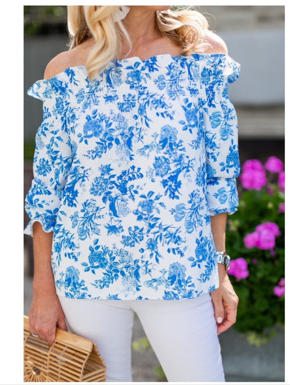 Tuckernuck Blue and White Off the Shoulder Margarite Blouse